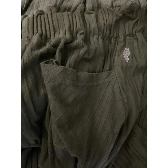 Free People Olive Ribbed Wide Leg Pants Smocked Waist Small Petite Preloved - Picture 4 of 5